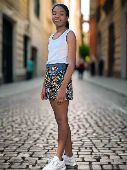 Geometric prints and denim shorts- Adjustable waist (8-15 yrs)