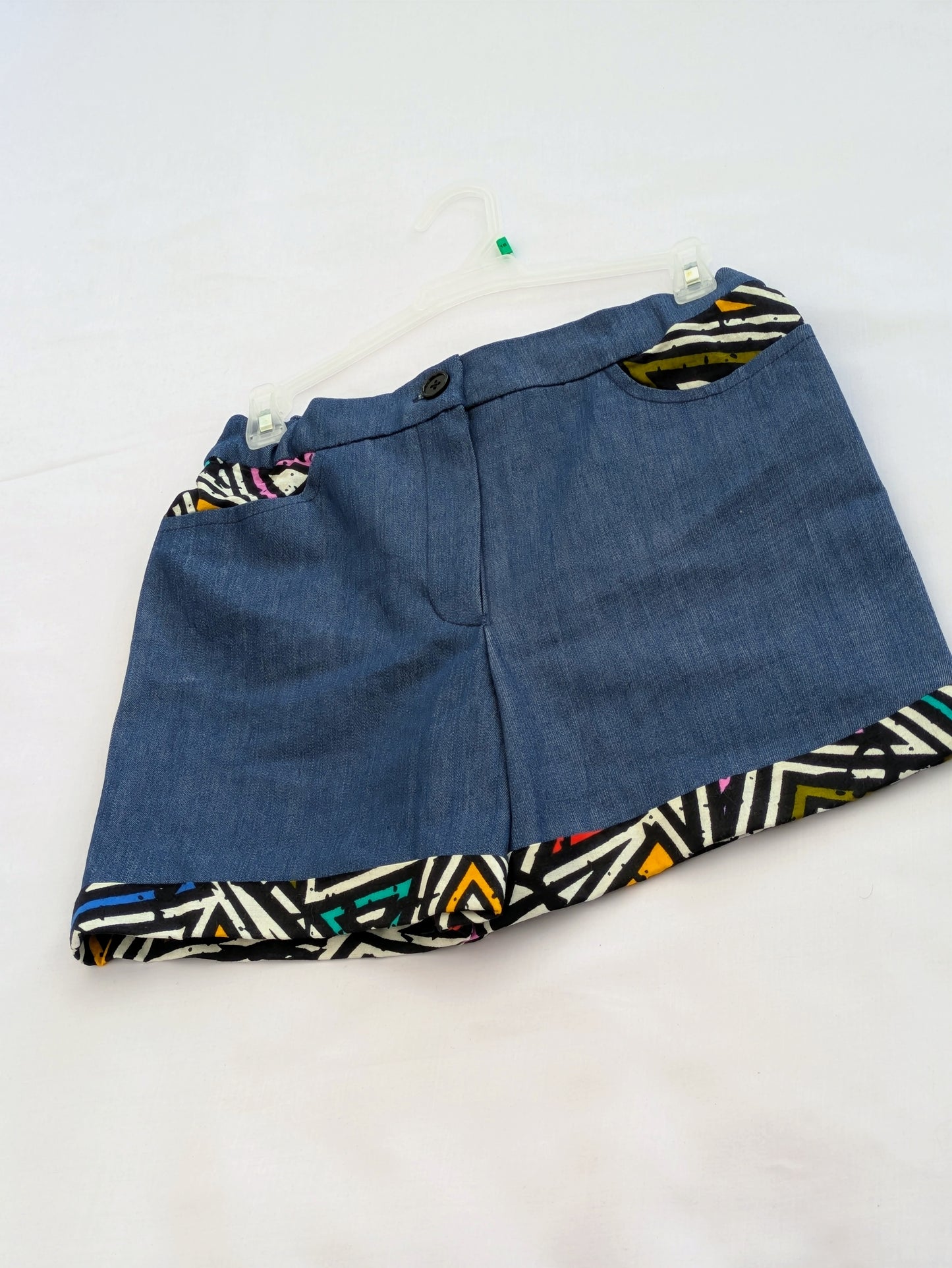 Denim Shorts with African Prints Accents – Adjustable Waist(7-15yrs)