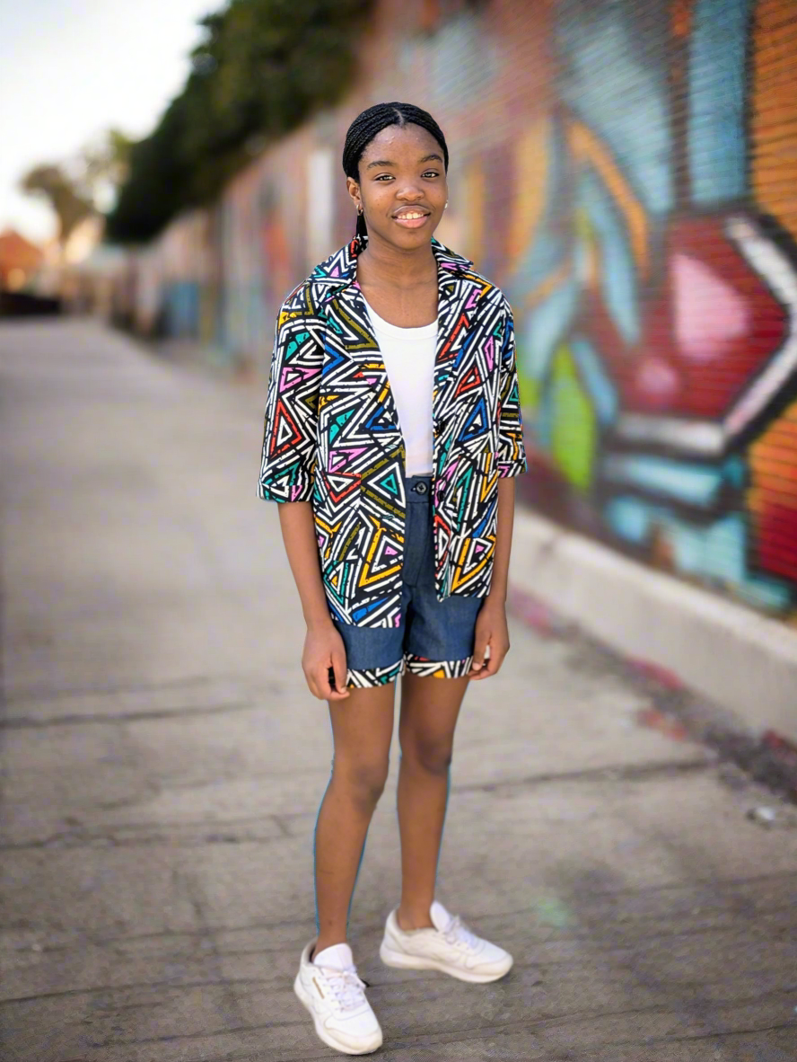Denim Shorts with African Prints Accents – Adjustable Waist(7-15yrs)
