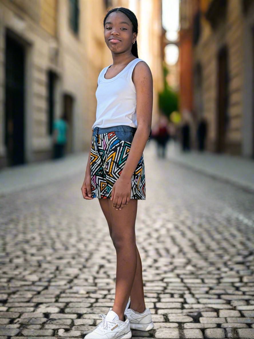 Geometric prints and denim shorts- Adjustable waist (8-15 yrs)