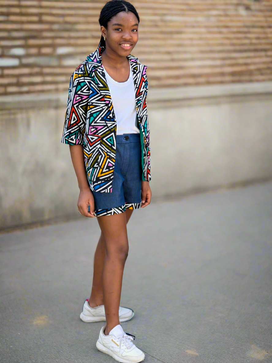 Denim Shorts with African Prints Accents – Adjustable Waist(7-15yrs)