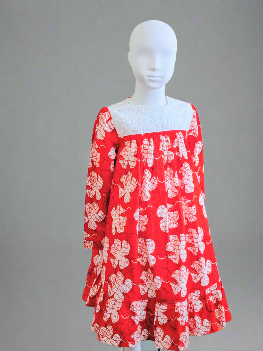 Girls' long-sleeve floral ruffle dress(6-8yrs)