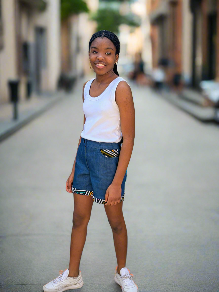 Denim Shorts with African Prints Accents – Adjustable Waist(7-15yrs)