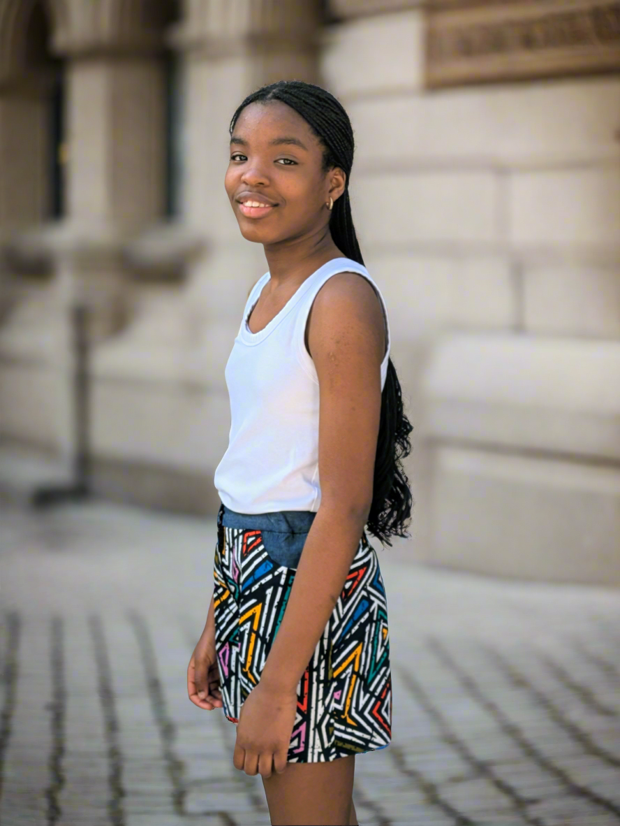 Geometric prints and denim shorts- Adjustable waist (8-15 yrs)